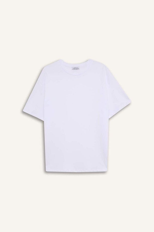 Oversize Geniş Kalıp Bisiklet Yaka Basic Düz Kısa Kollu Beyaz Tişört F3454axns - 7