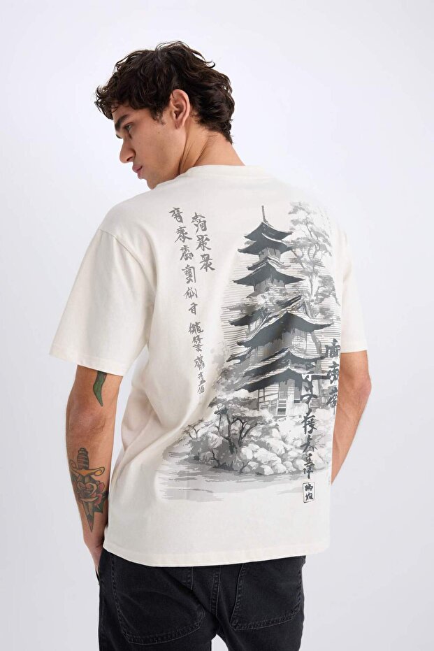 100% Cotton Boxy Fit Crew Neck Back Printed Short Sleeve T-Shirt E0909Ax25Sm