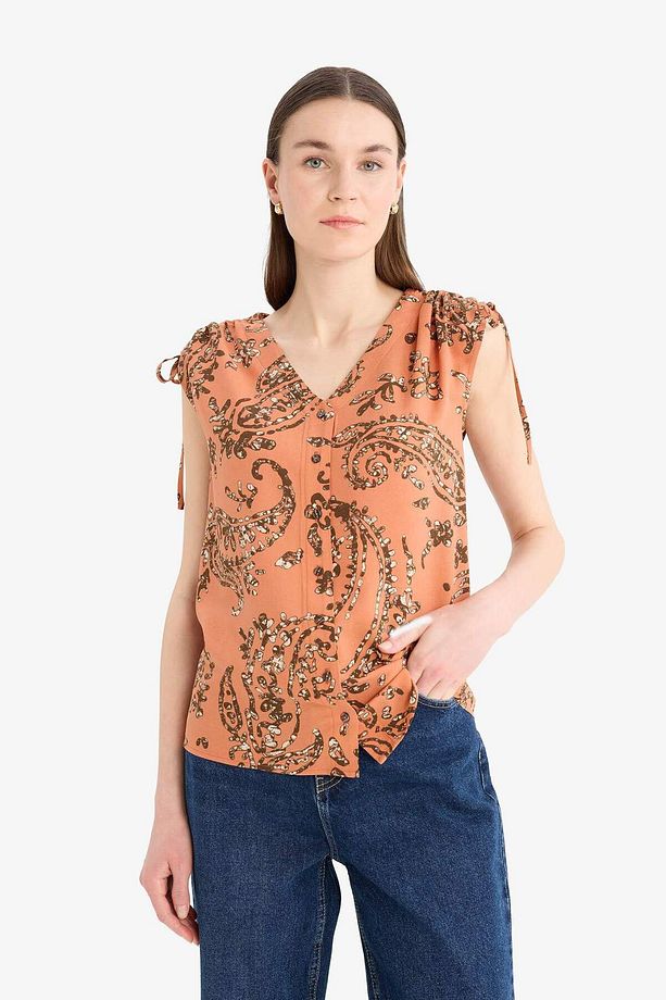 Regular Fit V Yaka Desenli Kısa Kollu Gömlek F0987ax25sm - 4