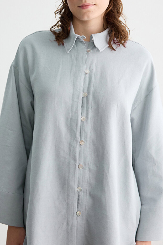 MAVİ DÜĞMELİ PAMUK KETEN GÖMLEK - 5