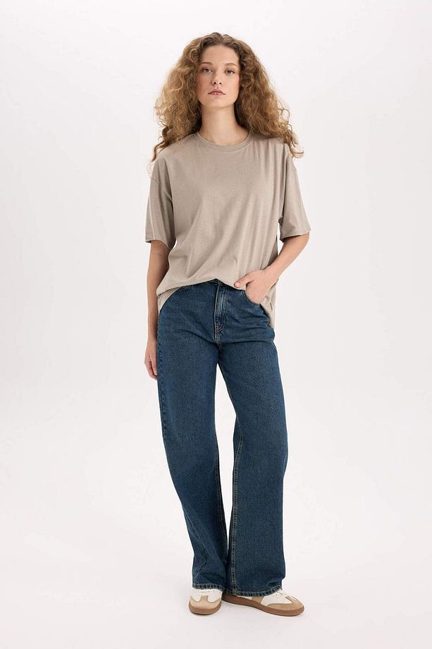 Oversize Geniş Kalıp Bisiklet Yaka Basic Düz Kısa Kollu Tişört V4136AZ25SM - 2