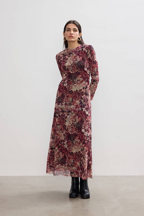 BORDO FLORAL TÜL ELBİSE - 3