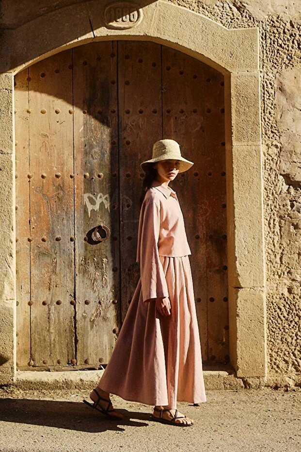 Dusty Pink Waist Tie Cotton Linen Skirt