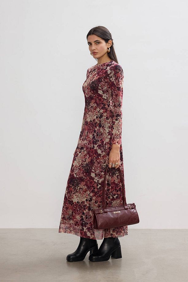 BORDO FLORAL TÜL ELBİSE - 6