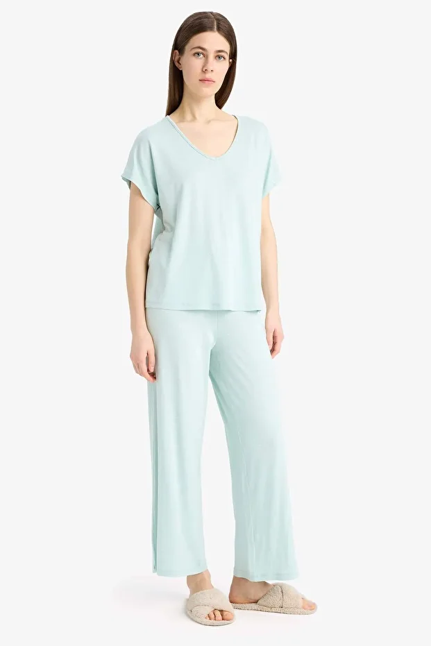 Pijama Takımı Viskon Kısa Kollu Üst Beli Lastikli Uzun Alt-Fall in Love E0264AX25SP - 2