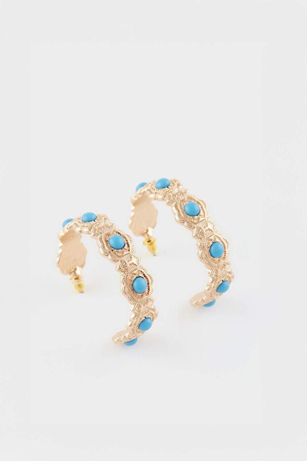 Women's Blue Flower Motif Hoop Gold Earrings E6460Axns