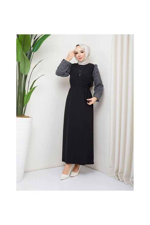 Yuvarlak Desenli Şifon Kollu Tuğba Model Elbise - Siyah Siyah - 6