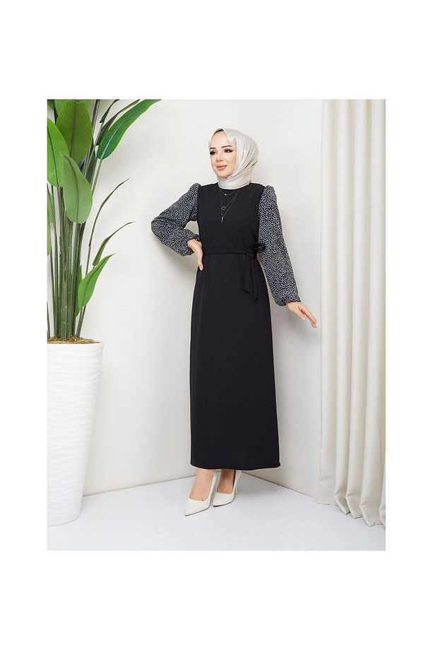 Yuvarlak Desenli Şifon Kollu Tuğba Model Elbise - Siyah Siyah - 5