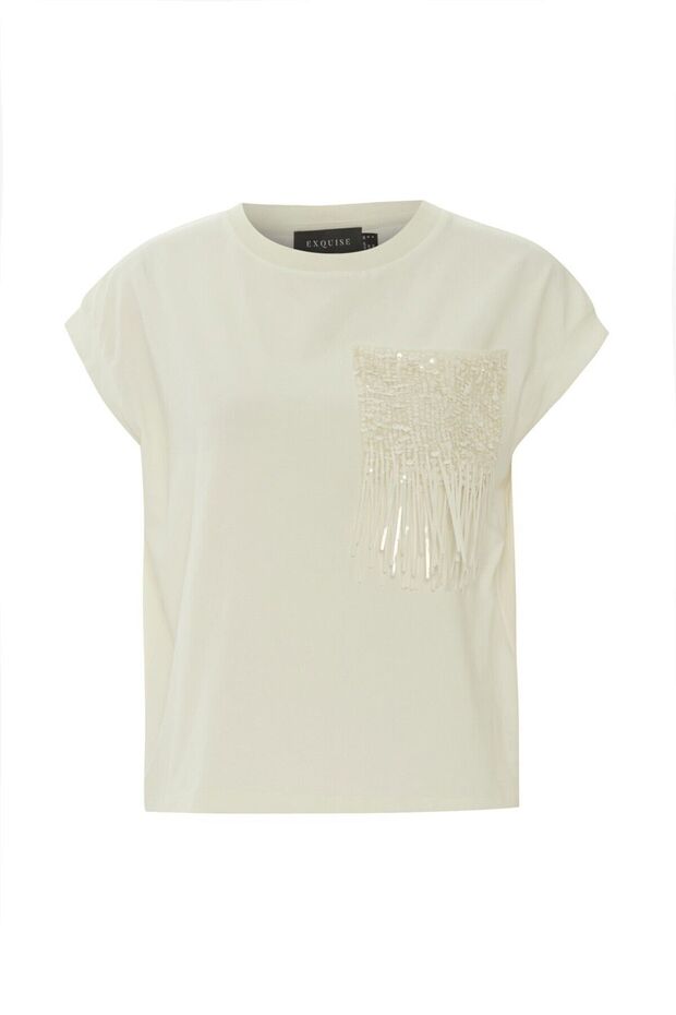 White T-Shirt with Embroidery Detail and Short Sleeves
