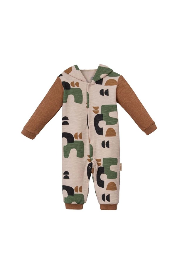 Hooded Patterned Jumpsuit Without Booties Camel - 1