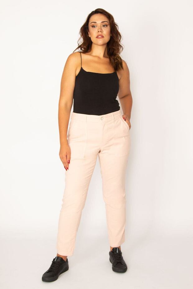 Women's Large Size Pink Pocket and Cup Detailed Lycra Trousers 65n34118