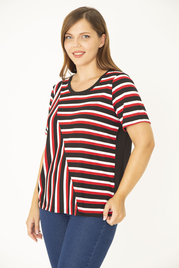 Women's Large Size Black Crew Neck Stripe Combination Blouse 65N36935