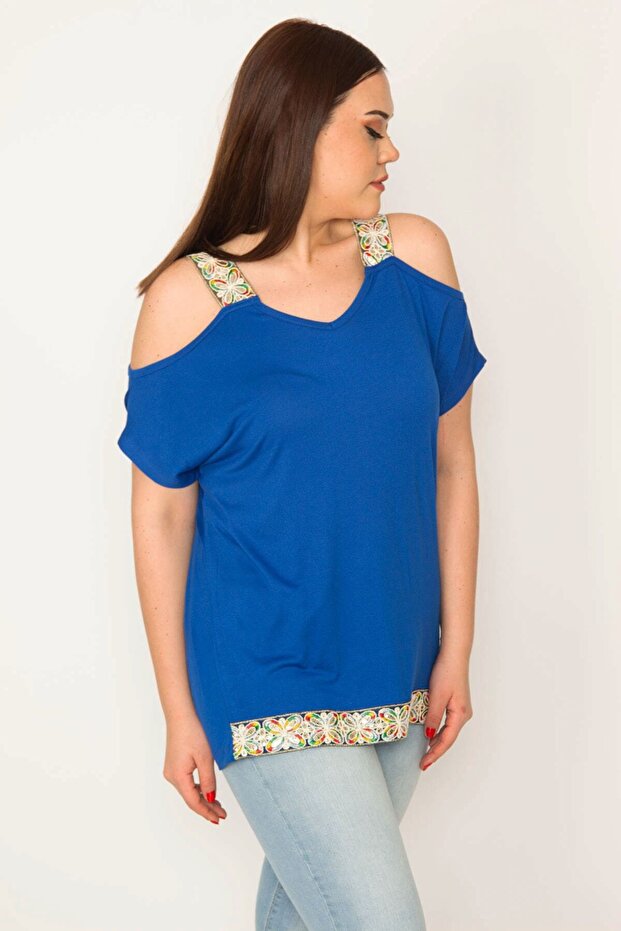 Women's Large Size Sack Shoulder Low-cut Blouse with Strap and Hem with Sequin Lace Detail 65n22701