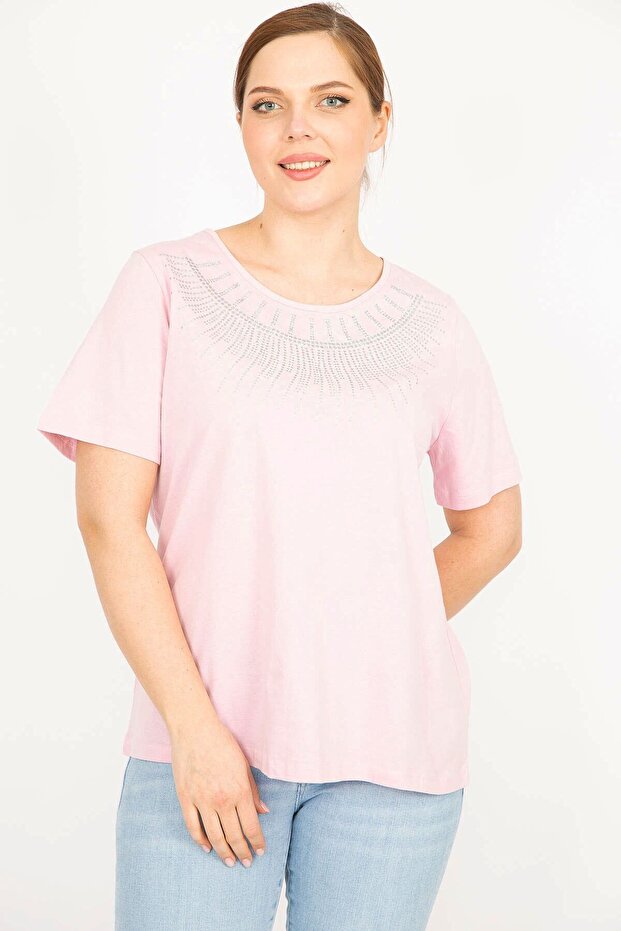 Women's Pink Plus Size Cotton Fabric Collar Glitter Detailed Blouse 65n35927