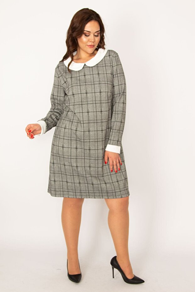 فستان نسائي منقوش بياقة أطفال باللون الرمادي مقاس كبير 65n33564 - 4