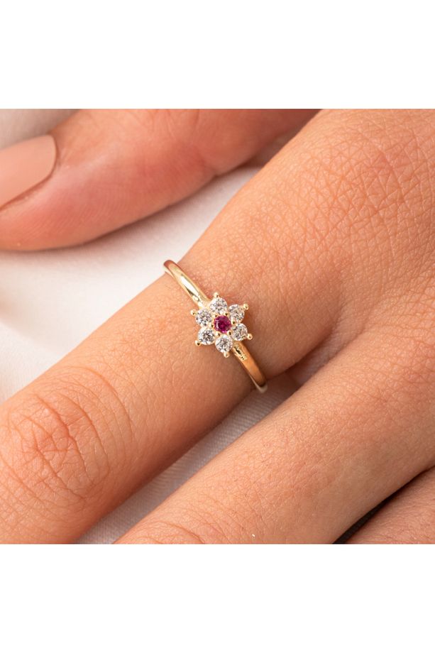 Minimal Altın Yüzük - 14 Ayar Altın Papatya Ruby Taşlı Minimal Yüzük - Hediyelik Altın Yüzük - 1