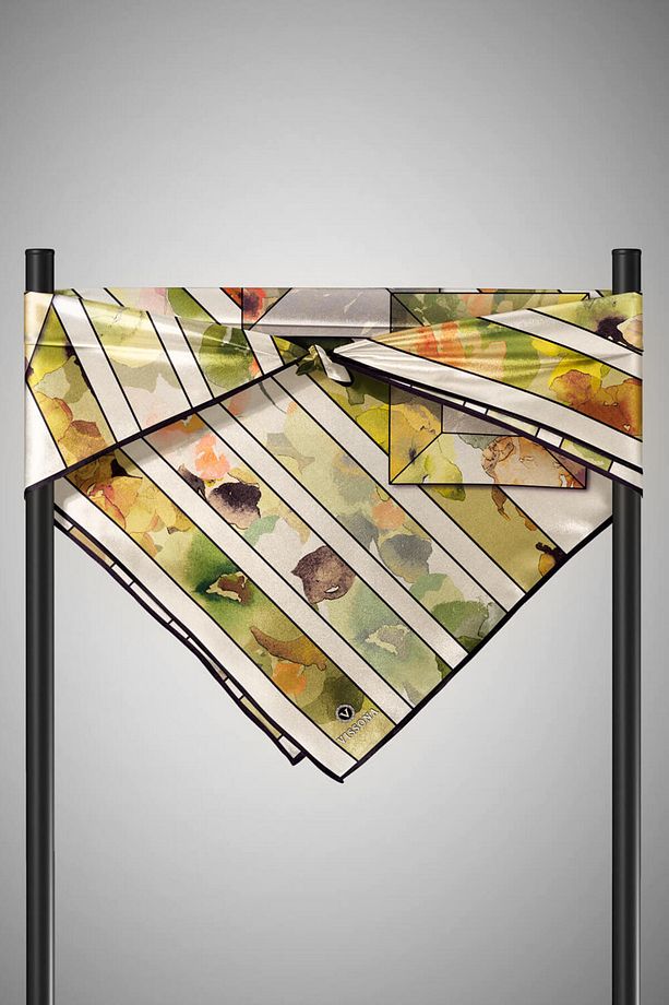 %100 Twill İpek Bahar Çiçekleri Desenli Haki Yeşil - Vizon Renkli 90x90 Eşarp Kenar Dikiş Şekli El D - 6