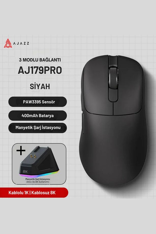 Aj179 Pro Kablosuz (3 modlu) 8K-26.000DPI Oyuncu Mouse PAW3395 Sensör RGB Manyetik Şarj İstasyonu - 1