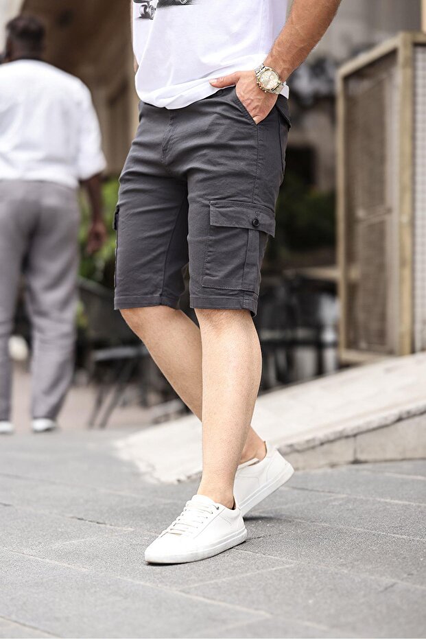 Męskie szorty jeansowe cargo z elastycznego materiału, dopasowane, bez kieszeni bocznych i jeansu - 2