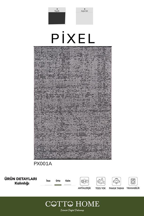 Pıxel PX001A Gri Halı Modern Şönil Yıkanabilir Pamuk Taban Salon Halısı Yatak Odası Mutfak Koridor - 1