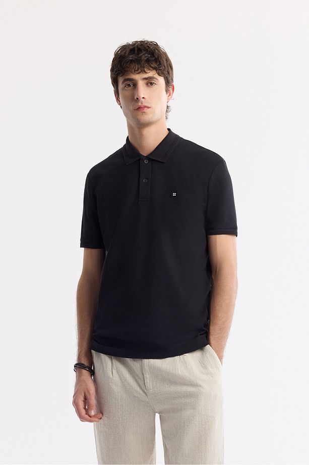 Erkek Siyah Regular Fit %100 Pamuk Hızlı Kuruyan Kıvrılmayan Polo Yaka T-Shirt B001032 - 1