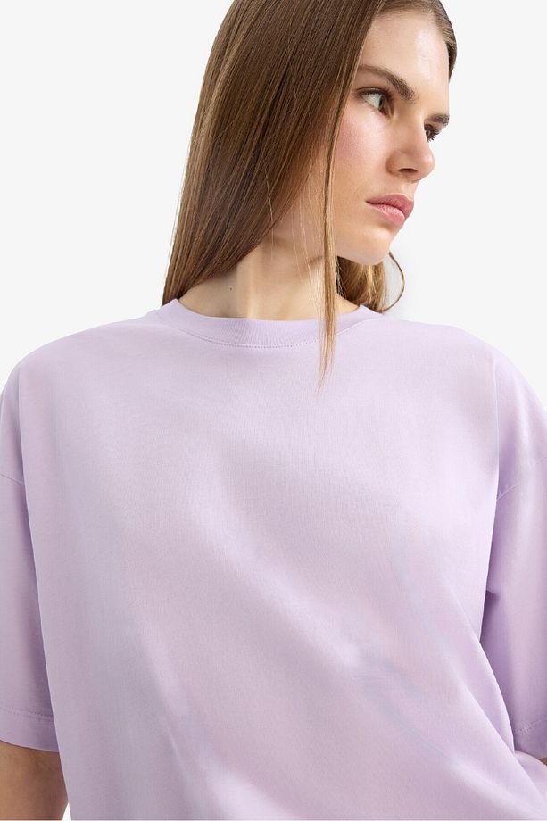 Oversize Geniş Kalıp Bisiklet Yaka Basic Düz Penye Kısa Kollu Tişört C0099AX25SP - 4
