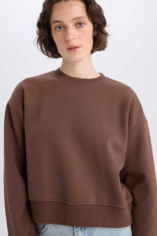 Boxy Fit Bisiklet Yaka Basic Düz Kalın Sweatshirt E4732AX25SP - 1