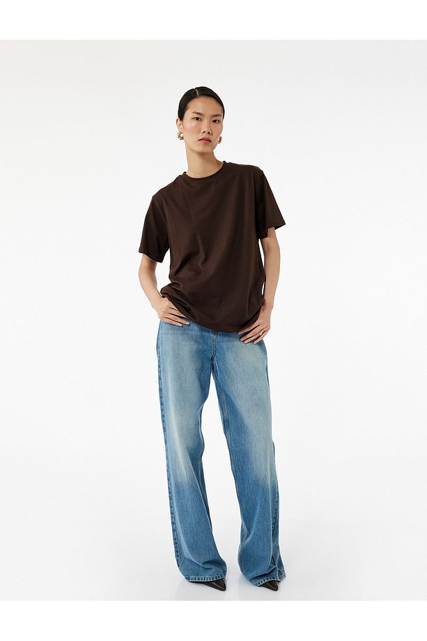 Kısa Kollu Bisiklet Yaka Pamuklu Basic Oversize Tişört - 1