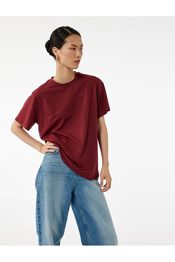 Kısa Kollu Bisiklet Yaka Pamuklu Basic Oversize Tişört - 1