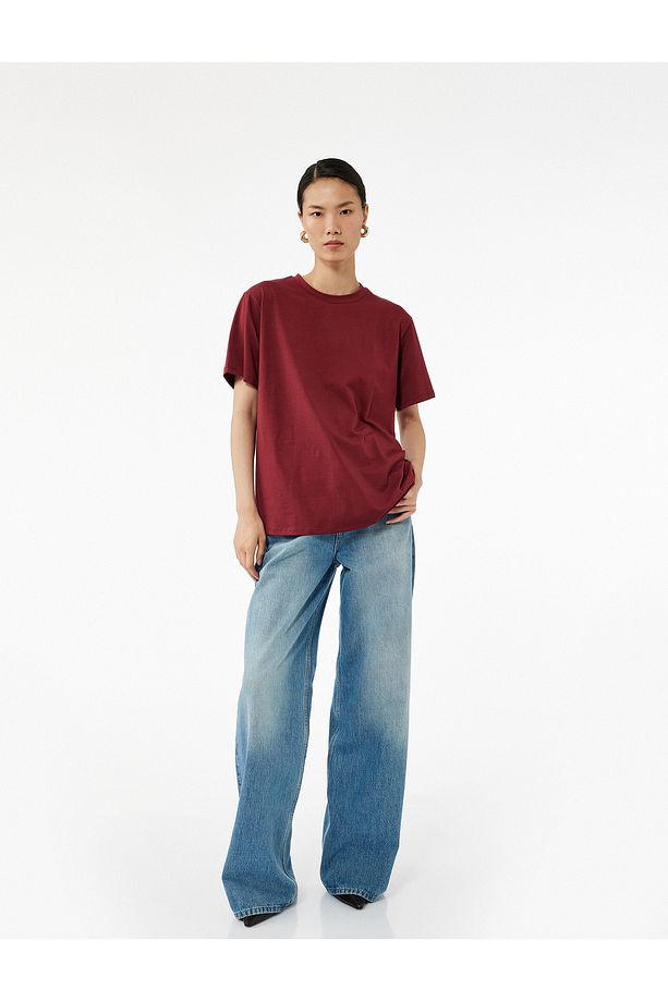 Kısa Kollu Bisiklet Yaka Pamuklu Basic Oversize Tişört - 2