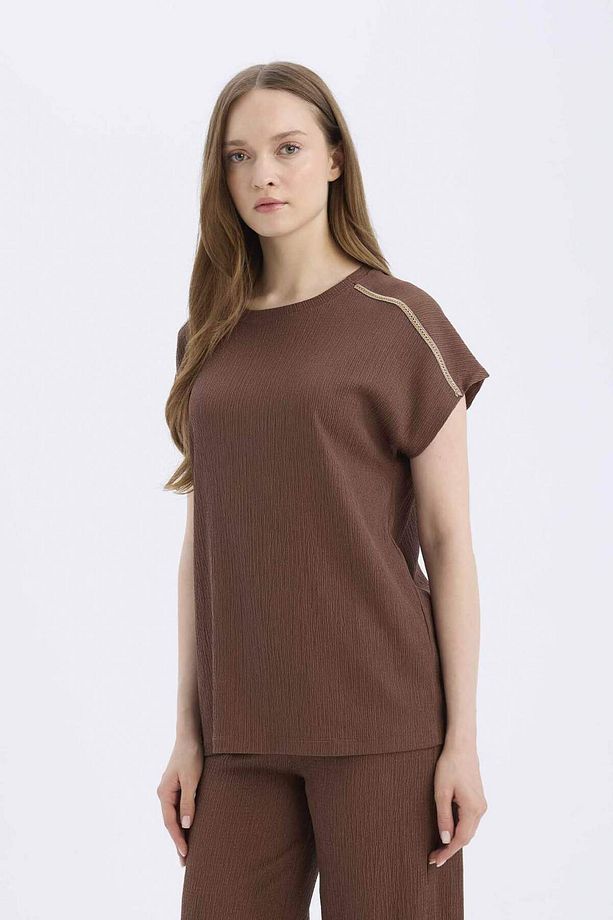 Regular Fit Bisiklet Yaka Bürümcük Kısa Kollu Tişört E1639AX25SP - 6