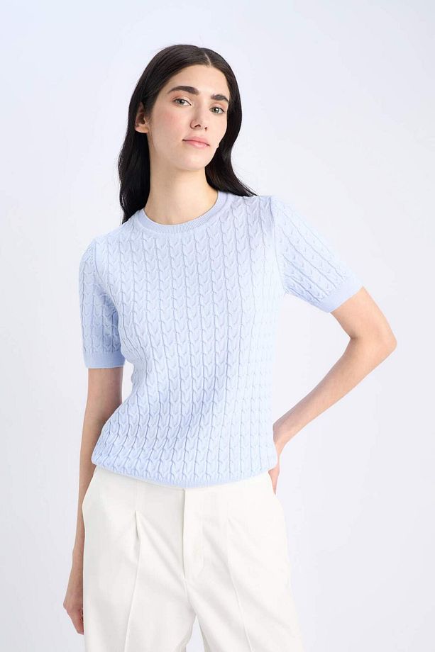 Regular Fit Bisiklet Yaka Basic Düz Triko Kısa Kollu Kazak D3306AX25SM - 4