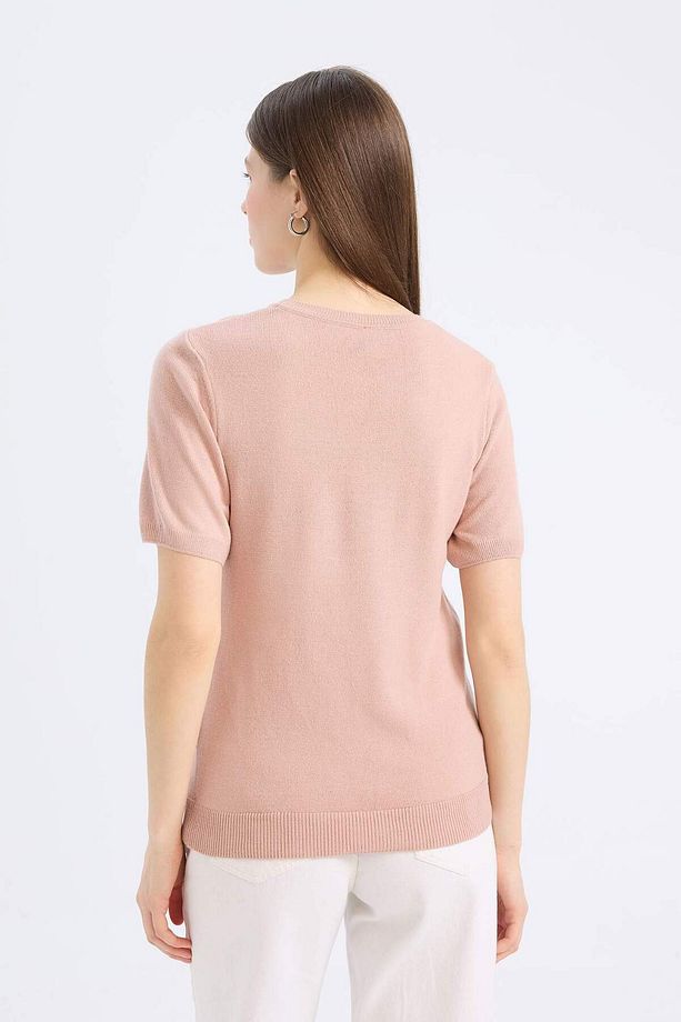Regular Fit Basic Düz Bisiklet Yaka Kısa Kollu Triko Kazak E6810AX25SP - 4