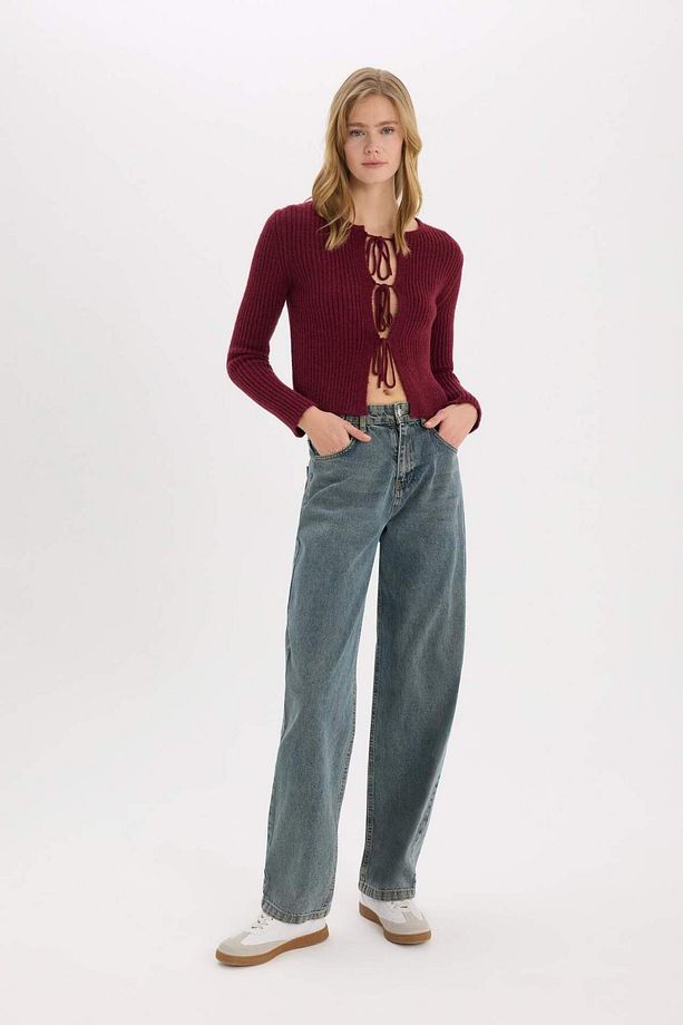 Regular Fit Bisiklet Yaka Bağlamalı Basic Düz Triko Bordo Hırka E6914AX25SP - 3