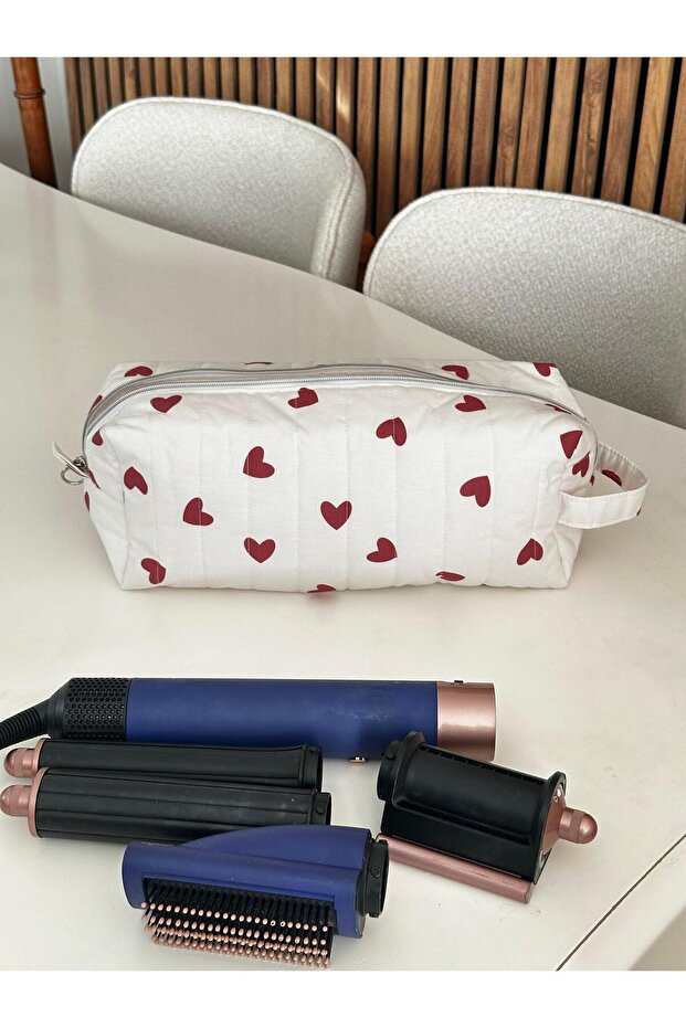 Heart Patterned Special Print Cotton Fabric Hair Styling Bag / Cosmetic Bag / Organizer