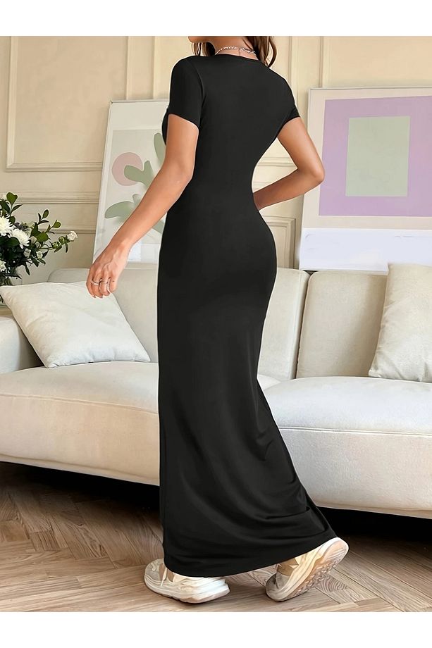 Kadın Bisiklet Yaka Kısa Kol Önü Nakışlı Fitilli Kaşkorse Fitilli Kumaş Elbise Boy 135 Cm - 4