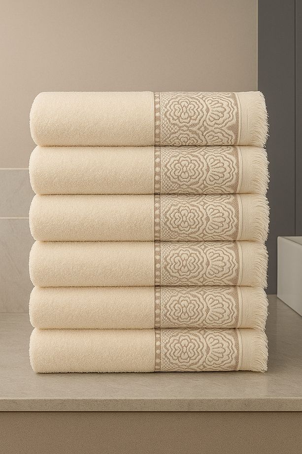 %100 Organik Pamuk 6'lı Banyo Havlusu Seti Lüks ve Yumuşak - Krem 50x70 - 1