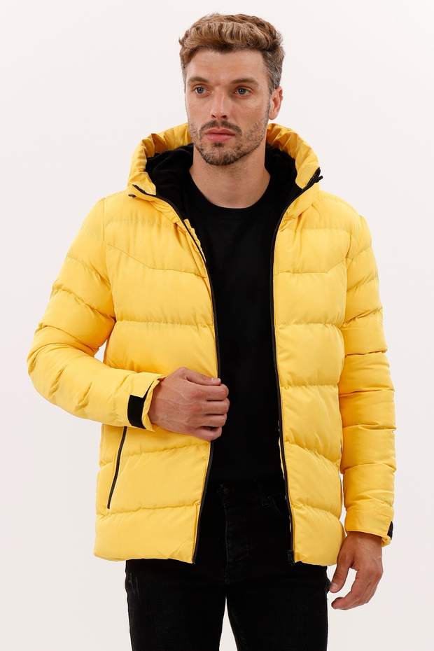 Men's Yellow Hooded Fleece Inside Furry Waterproof Wind Resistant Puffer Jacket Coat Parka