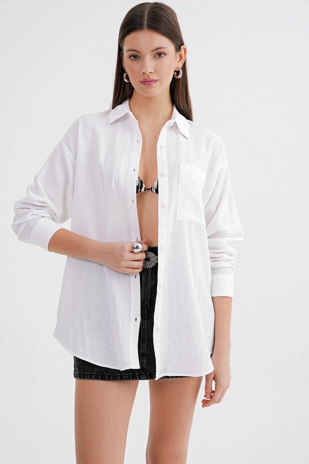 4670 Kadın Cepli Oversize Basic Keten Gömlek Beyaz - 3