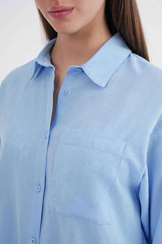 4670 Kadın Cepli Oversize Basic Keten Gömlek Bebe Mavi - 6