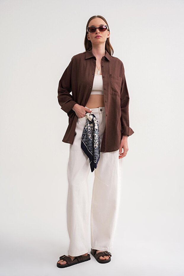 4670 Kadın Cepli Oversize Basic Keten Gömlek Kahve - 2