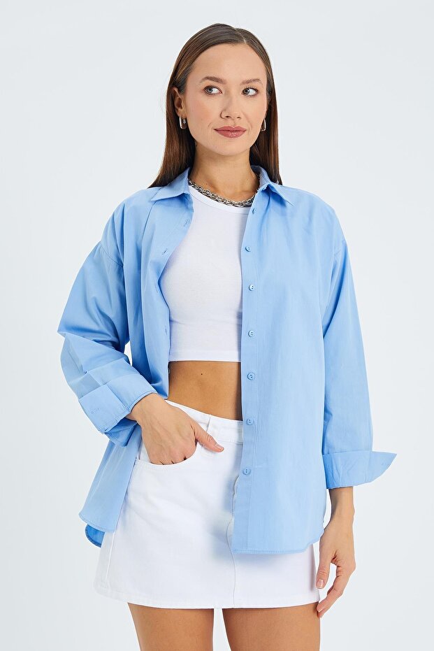 4618 Kadın Arkası Robalı Basic Gömlek Bebe Mavi - 5