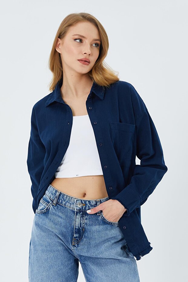 4569 Women's Dirty Stitched Linen Shirt Navy Blue
