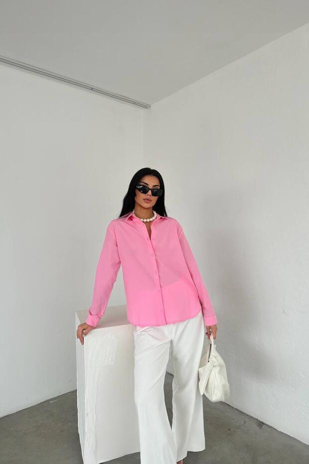3864 Kadın Oversize Uzun Basic Gömlek Pembe - 1