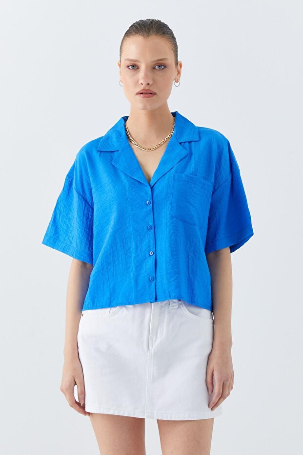 4556 Kadın Cepli Basic Crop Gömlek Saks Mavi - 1