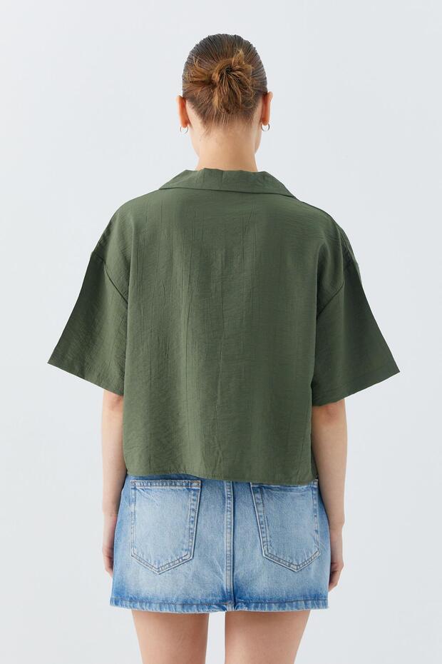 4556 Kadın Cepli Basic Crop Gömlek Haki - 6