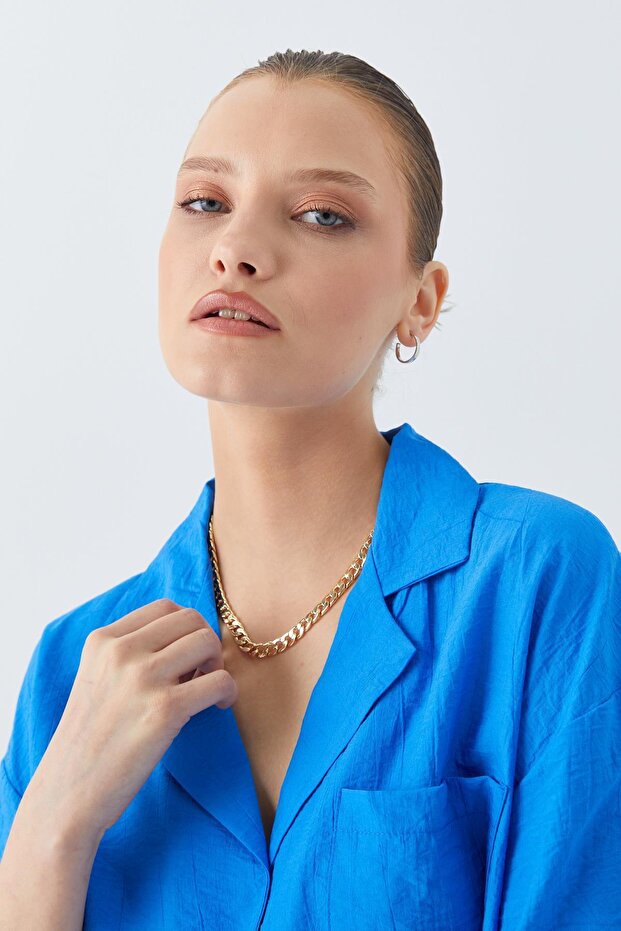 4556 Kadın Cepli Basic Crop Gömlek Saks Mavi - 5