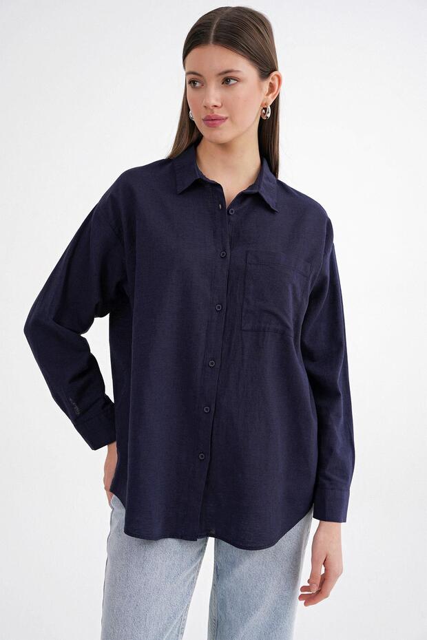4670 Kadın Cepli Oversize Basic Keten Gömlek Lacivert - 5
