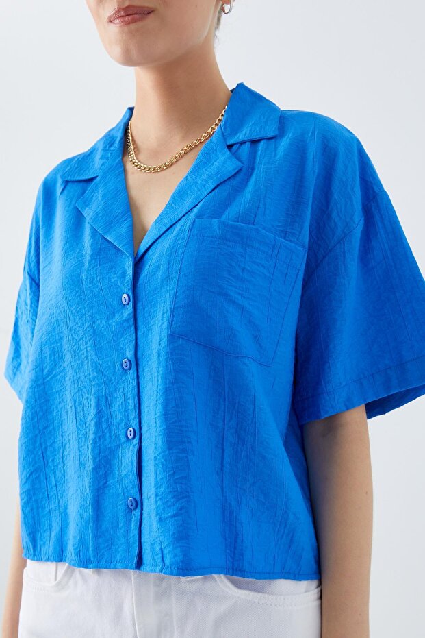 4556 Kadın Cepli Basic Crop Gömlek Saks Mavi - 4