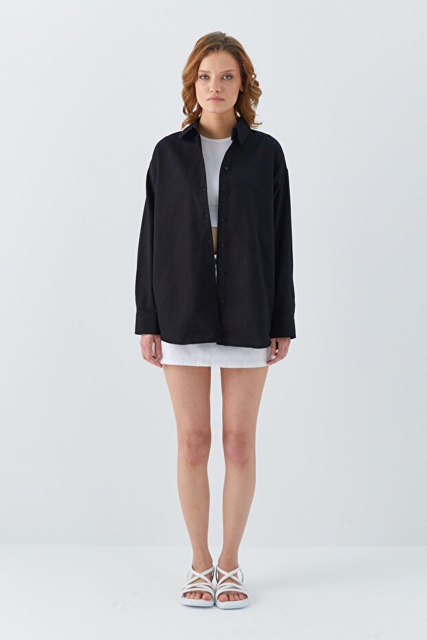 4621 Kadın Arkası Pileli Basic Gömlek Siyah - 2